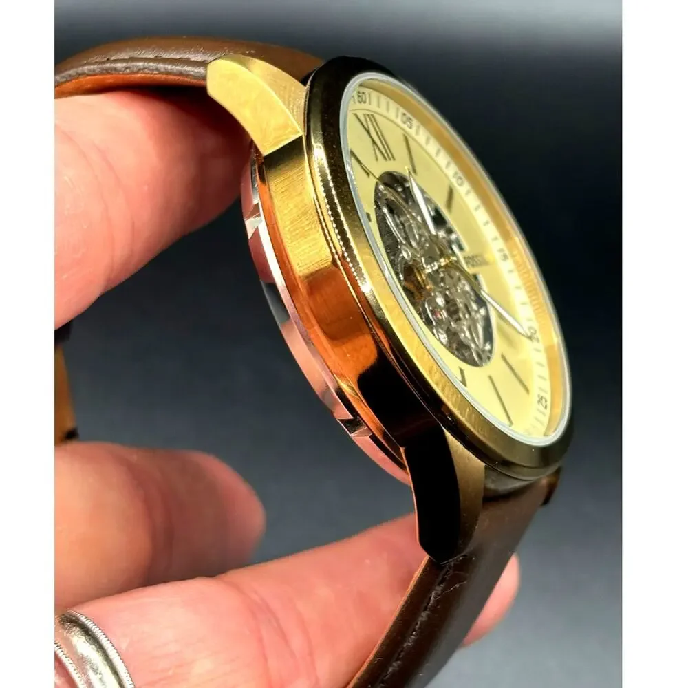 Fossil Flynn BQ2382 Automatic Men's Watch Skeleton Dial Leather Strap 48mm